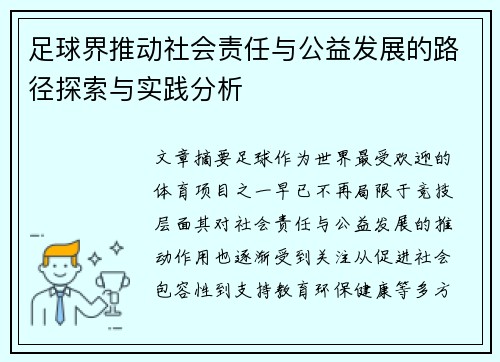足球界推动社会责任与公益发展的路径探索与实践分析