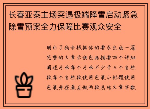 长春亚泰主场突遇极端降雪启动紧急除雪预案全力保障比赛观众安全 长春亚泰主场突遇极端降雪启动紧急除雪预案全力保障比赛观众安全