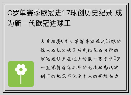 C罗单赛季欧冠进17球创历史纪录 成为新一代欧冠进球王 C罗单赛季欧冠进17球创历史纪录 成为新一代欧冠进球王