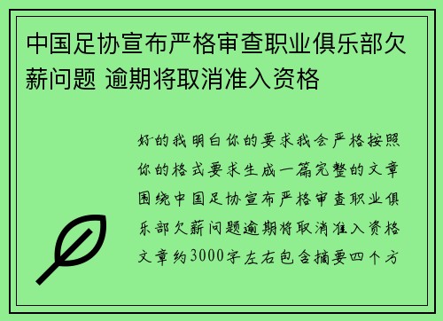 中国足协宣布严格审查职业俱乐部欠薪问题 逾期将取消准入资格 中国足协宣布严格审查职业俱乐部欠薪问题 逾期将取消准入资格
